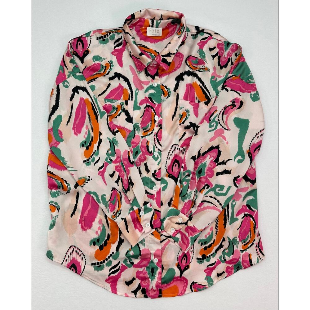 Fate Abstract Paisley Satin Button Down Blouse Pink Green Orange Size Medium - Picture 6 of 10